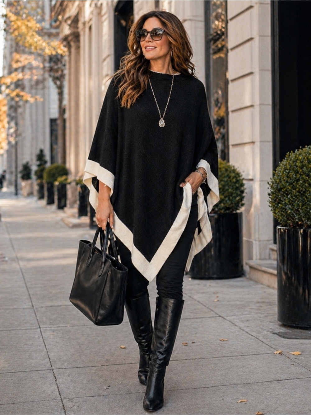 Eyeful Black Ivory Colorblock Poncho Sweater Wrap OS NWT